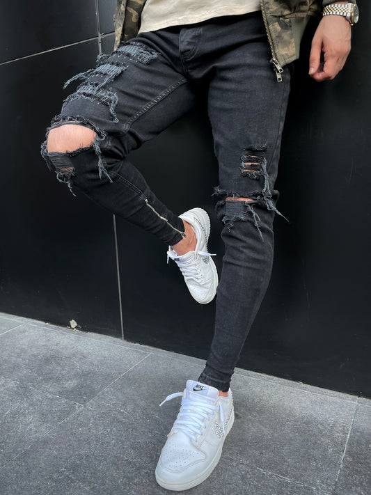 Washed Black Destroyed Zipper Jeans