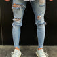 Washed Blue Distressed Zipper Jeans