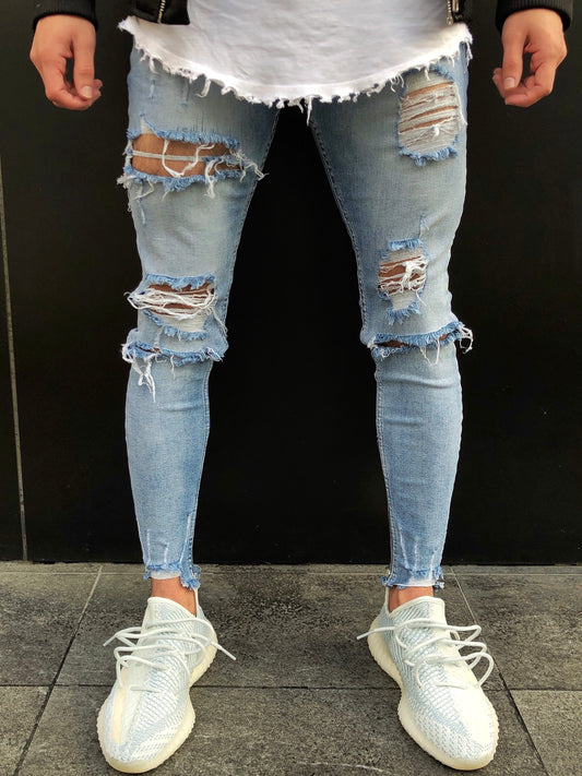 Washed Blue Distressed Zipper Jeans