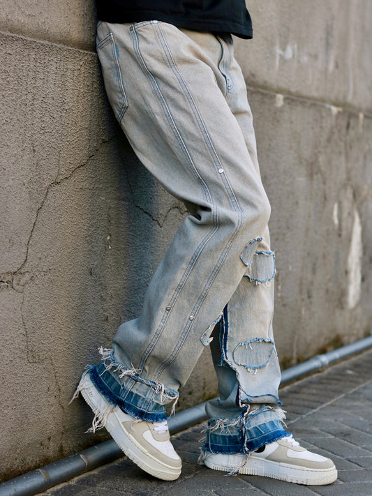 Sand Light Blue Distressed Baggy Jeans