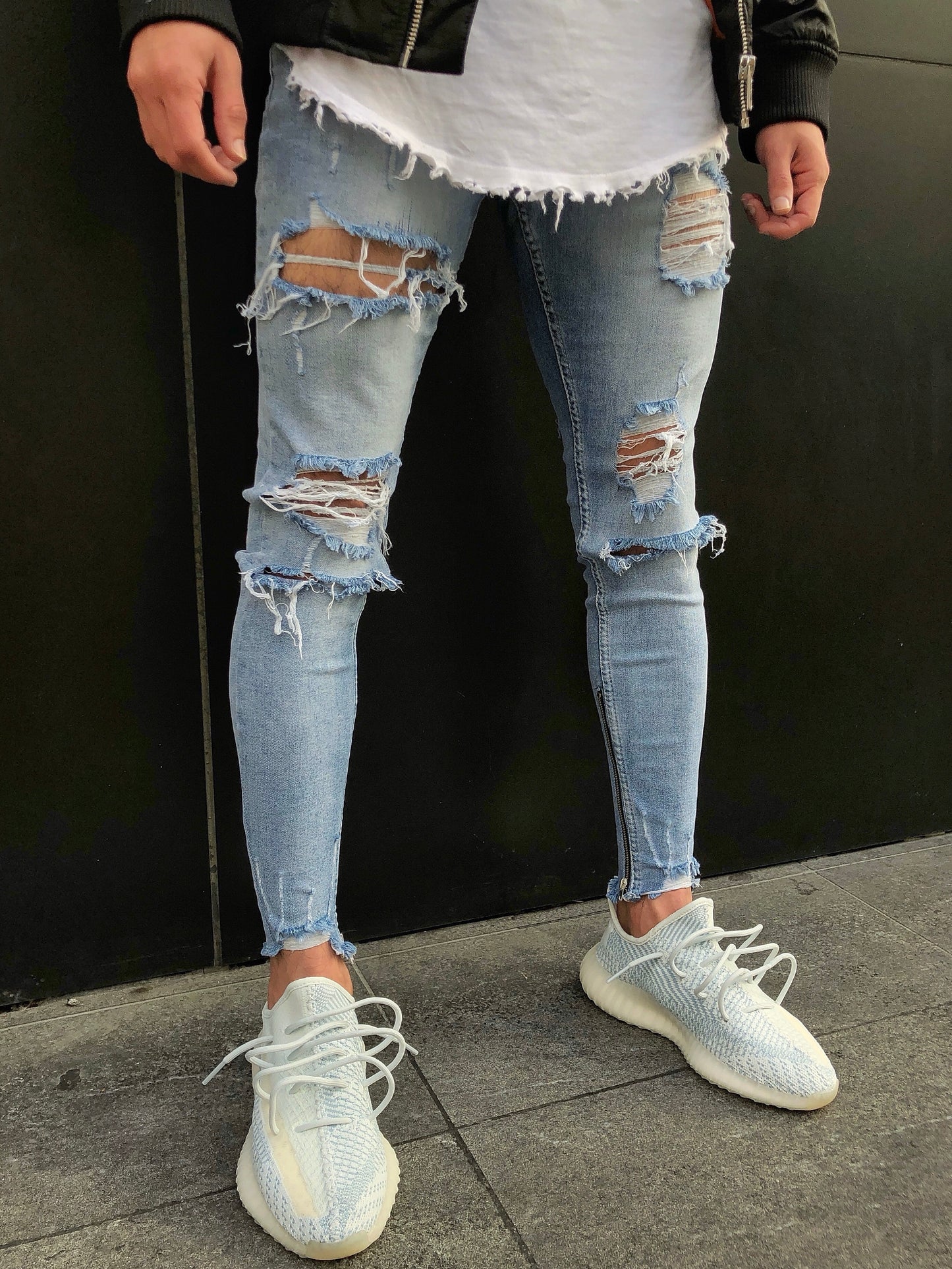 Washed Blue Distressed Zipper Jeans