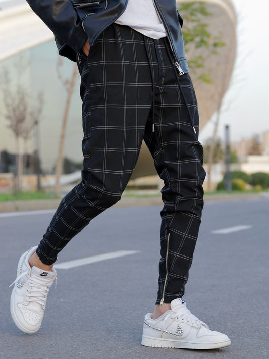 Black Woolplaid Zipper Jogger