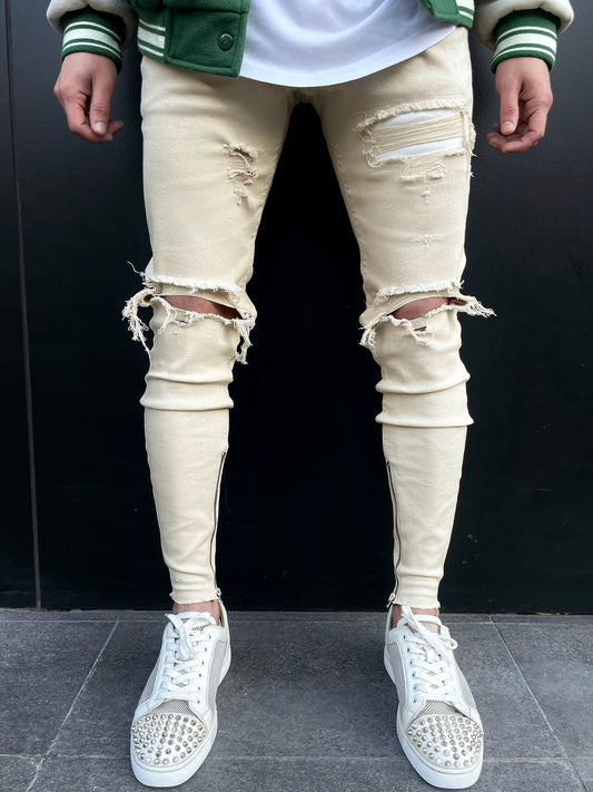 Light Beige Distressed Zipper Jeans