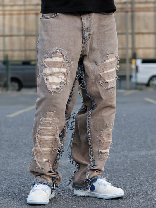 Cream Washed Distressed Baggy Jeans