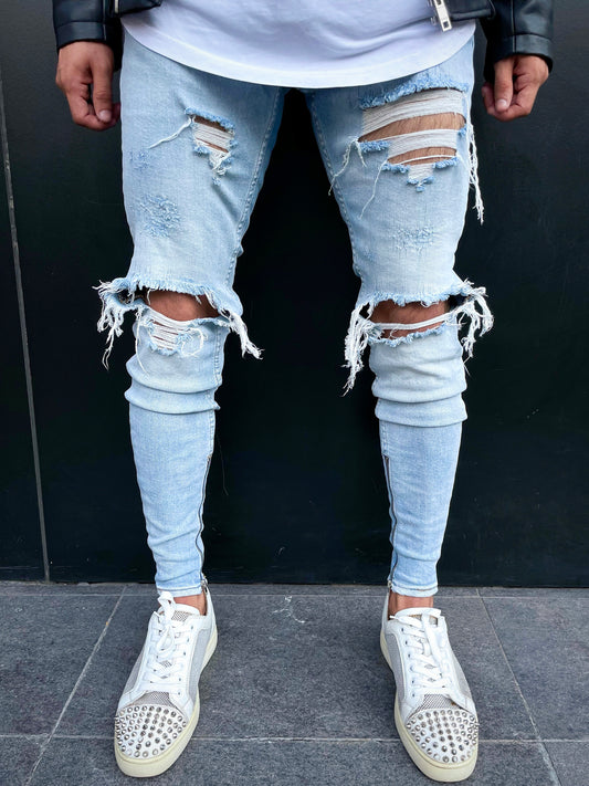 Light Blue Ripped Jeans with Zipper