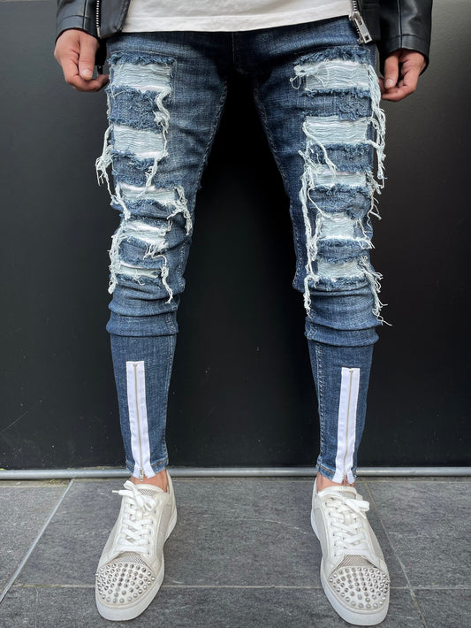 Washed Dark Blue Distressed Jeans