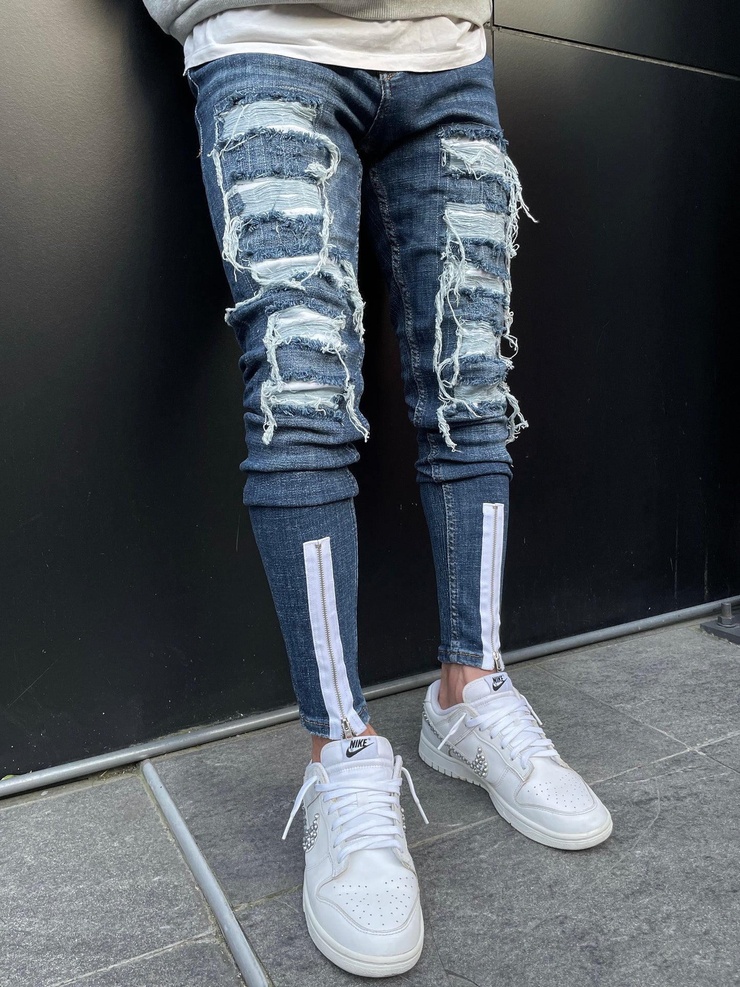 Washed Dark Blue Distressed Jeans