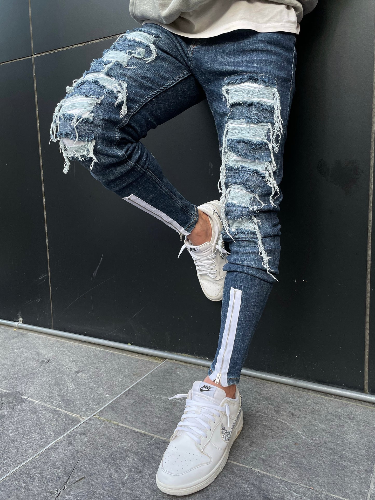 Washed Dark Blue Distressed Jeans