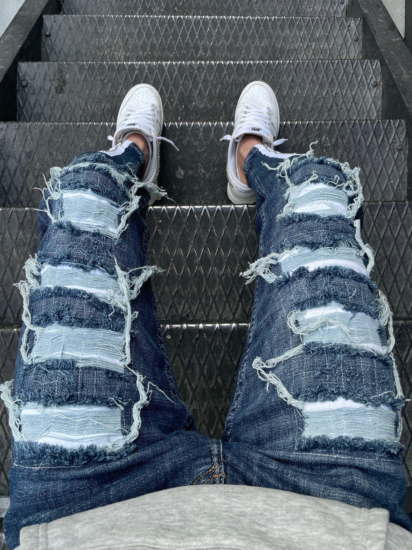 Washed Dark Blue Distressed Jeans