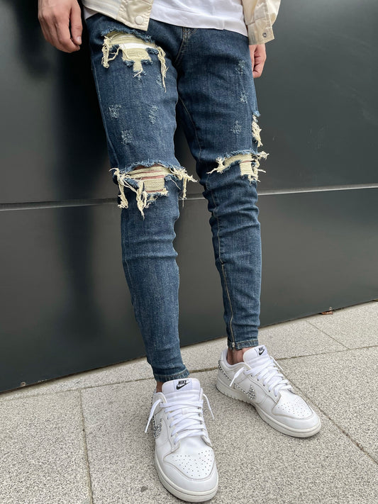 Dark Blue Washed Zipper Jeans