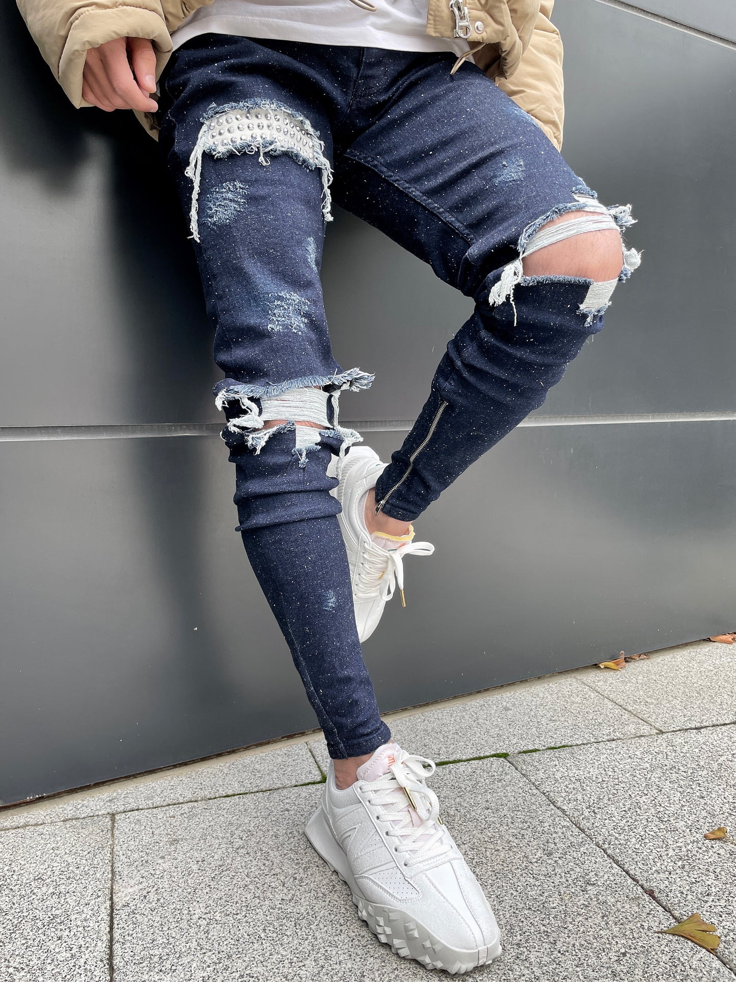 Navy Blue Rhinestone Distressed Jeans