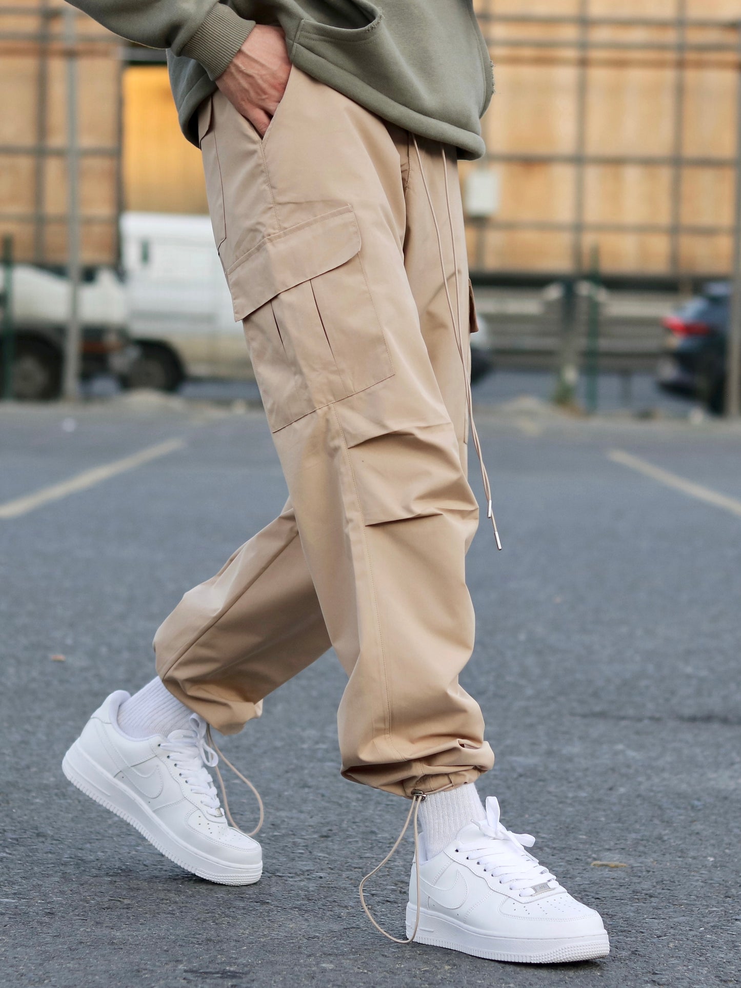 Beige Parachute Baggy Jogger with Pockets