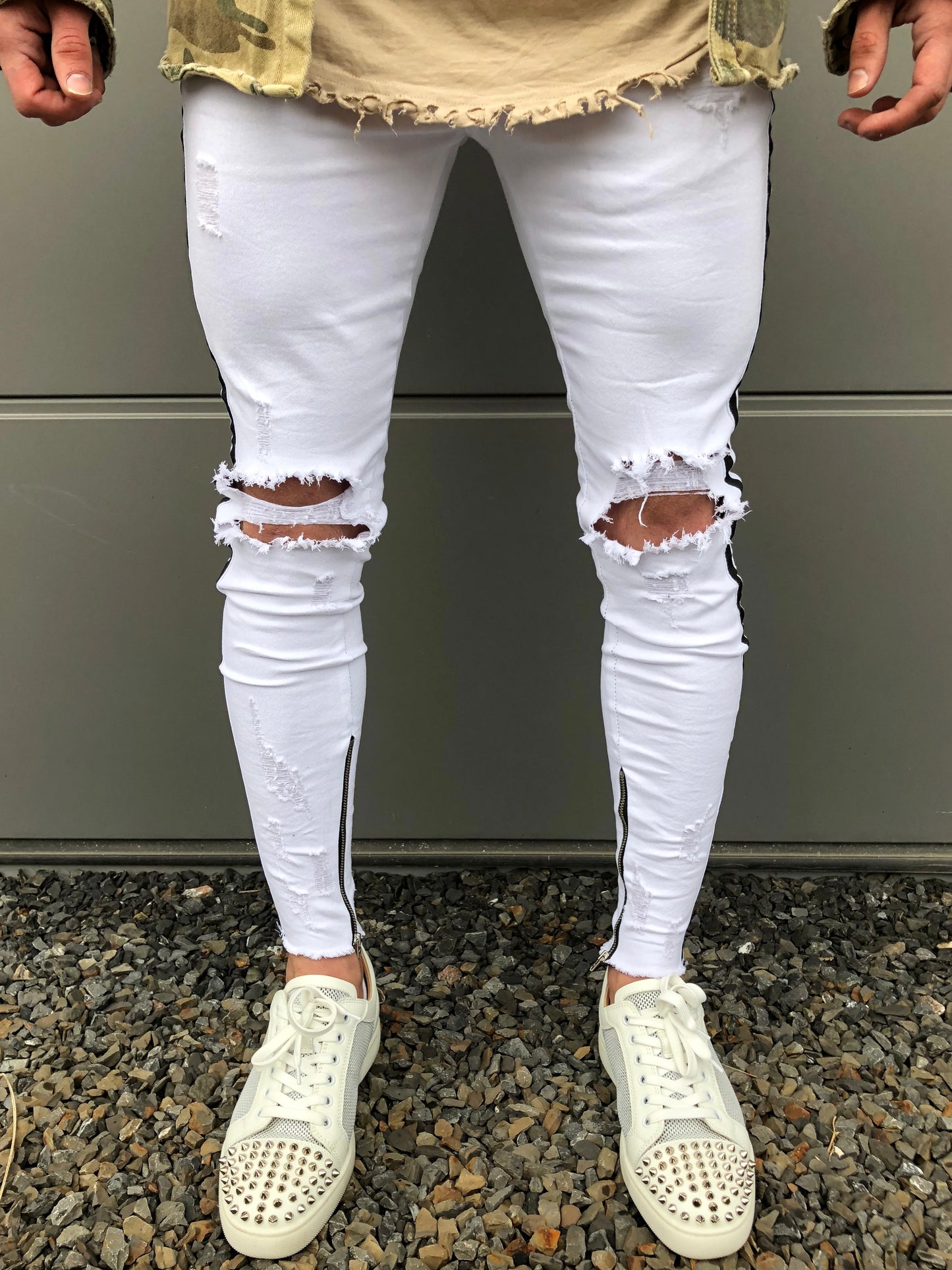 White Ripped Striped Zipper Jeans