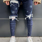 Navy Blue Rhinestone Distressed Jeans