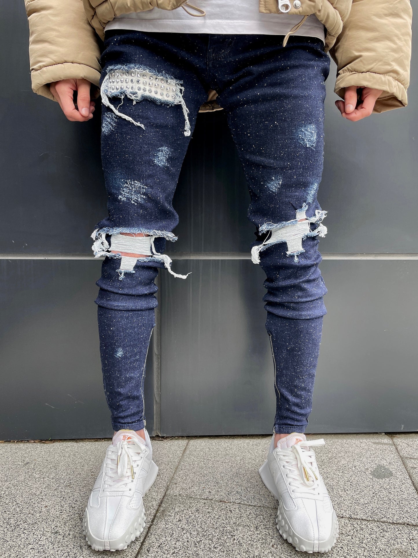 Navy Blue Rhinestone Distressed Jeans