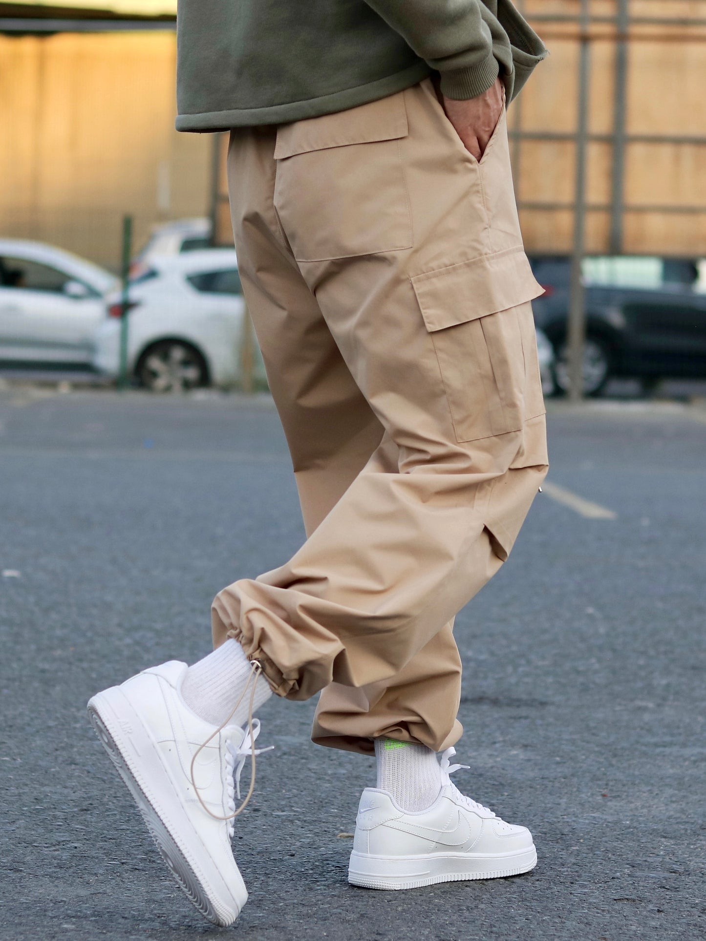 Beige Parachute Baggy Jogger with Pockets