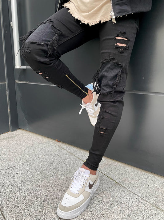 Black Distressed Gold Zipper Jeans