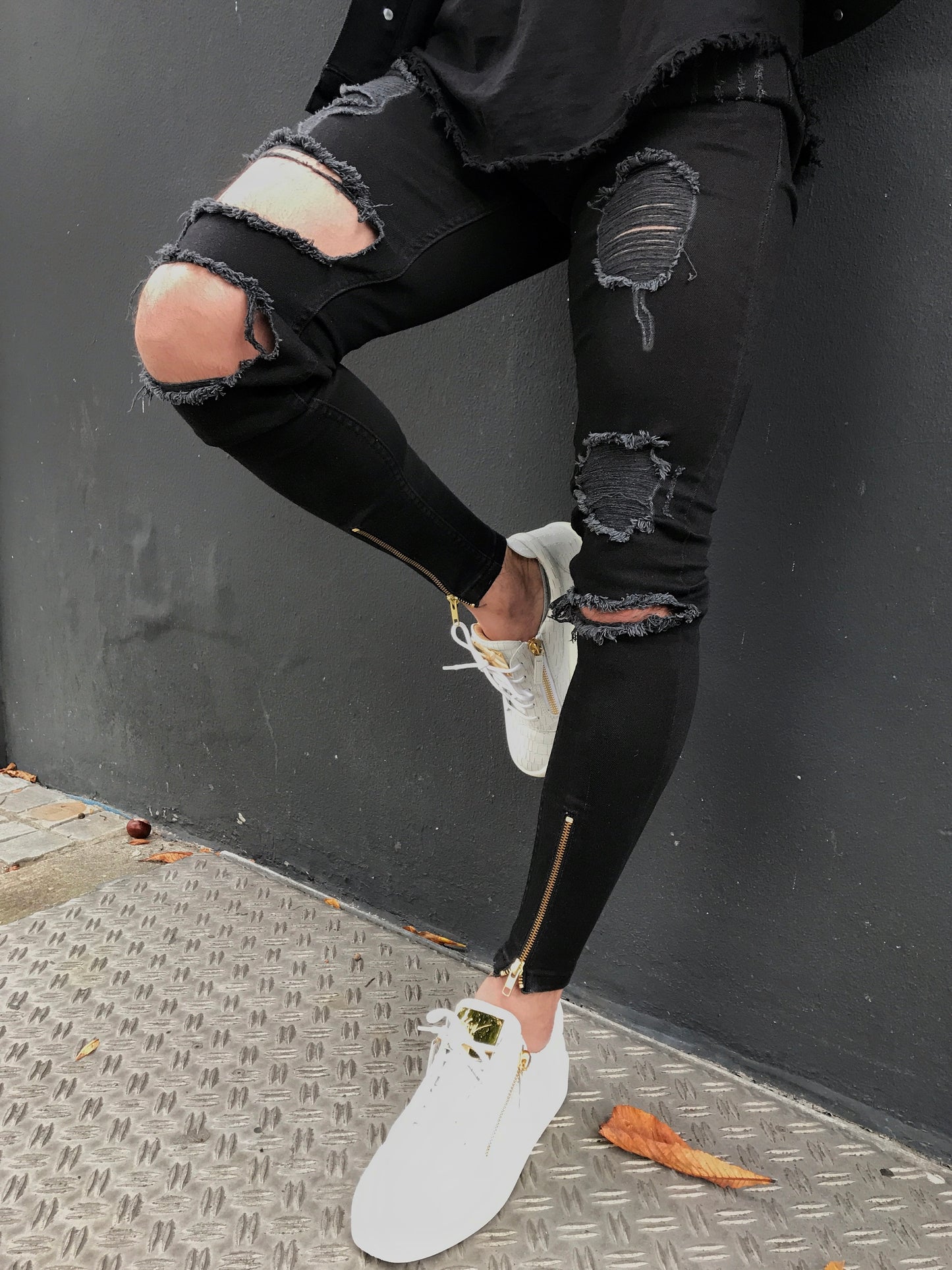 Black Destroyed Gold Zipper Jeans