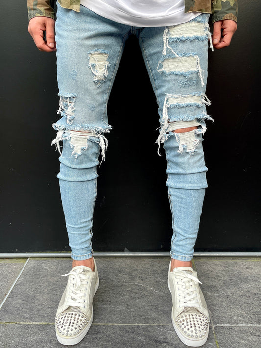 Washed Blue Destroyed Zipper Jeans