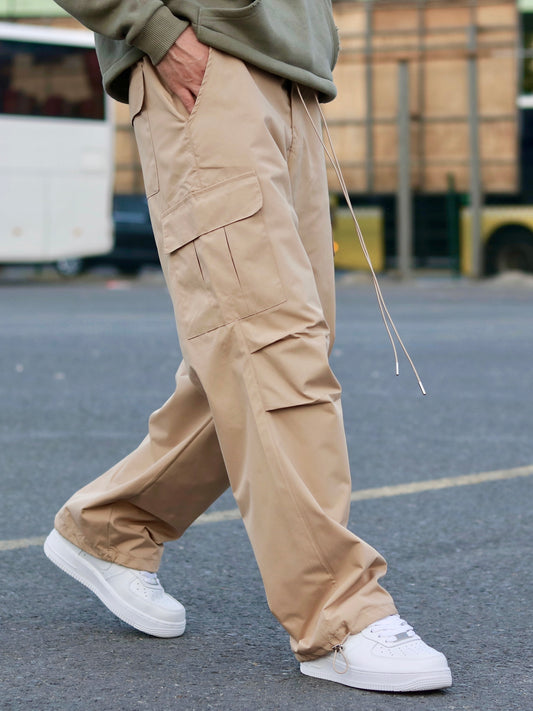 Beige Parachute Baggy Jogger with Pockets