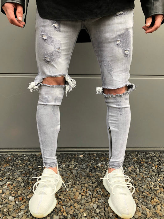 Light Grey Washed Ripped Zipper Jeans