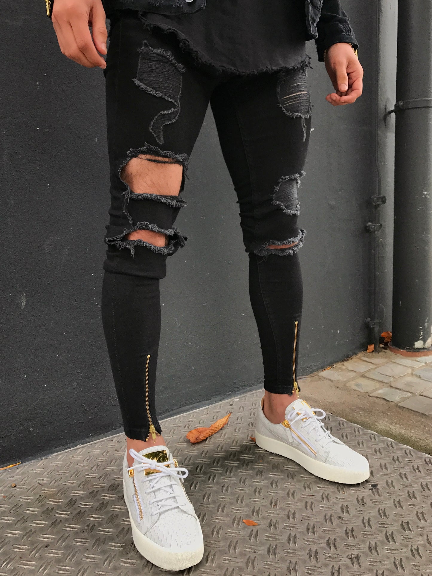 Black Destroyed Gold Zipper Jeans