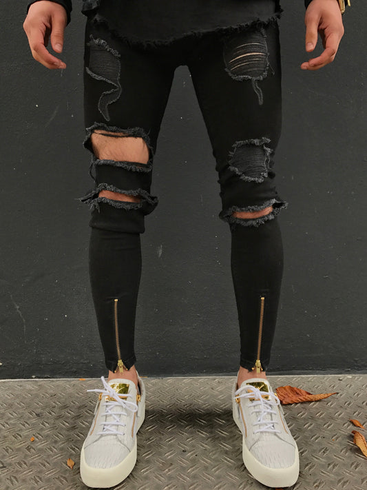 Black Destroyed Gold Zipper Jeans