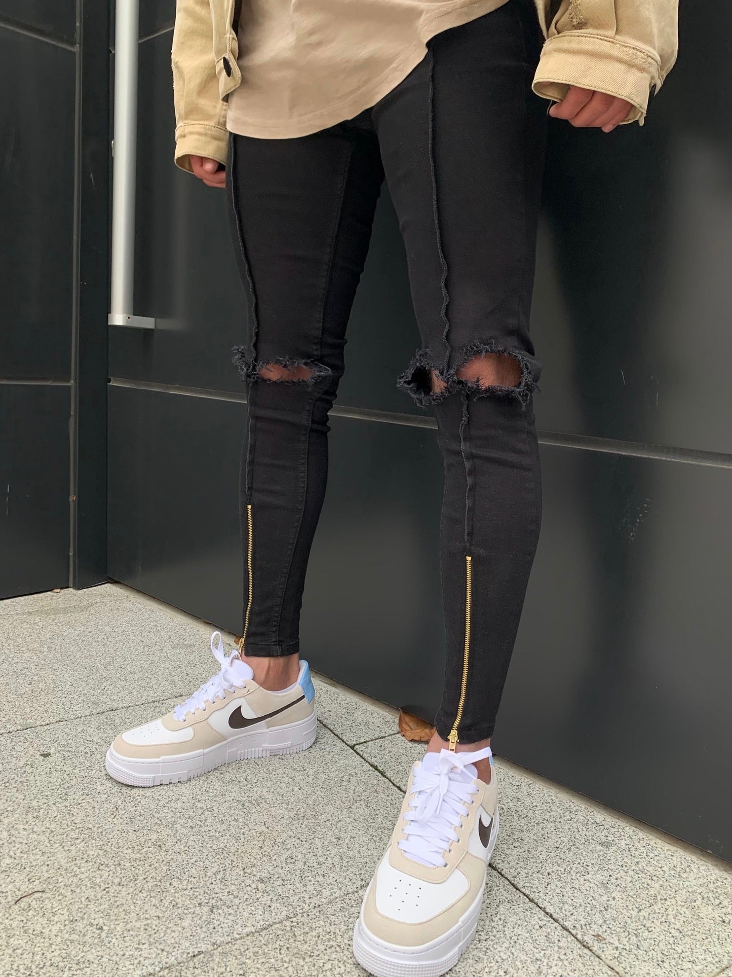 Black Distressed Gold Zip Jeans