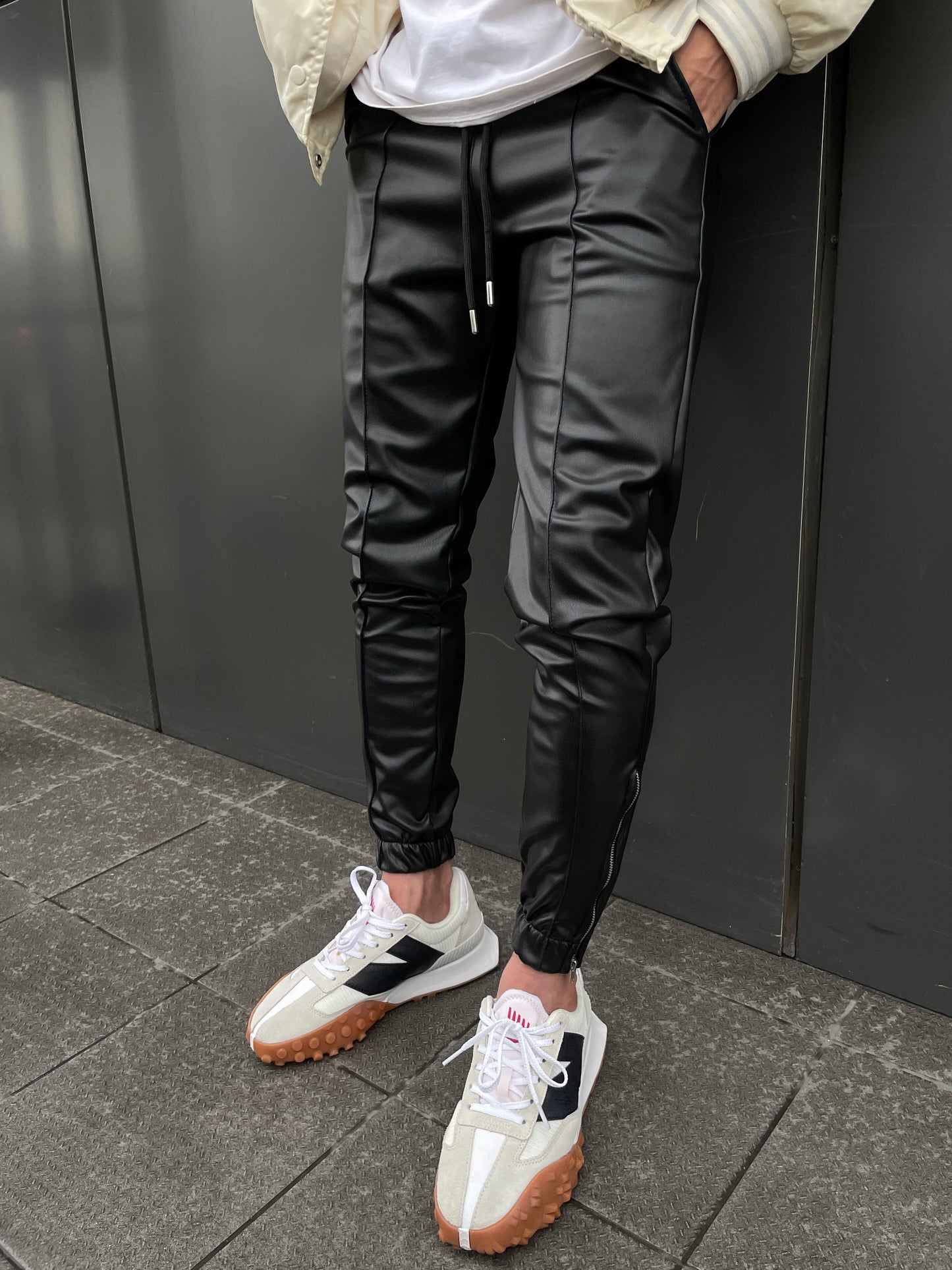 Black Leather Front Pinstriped Jogger