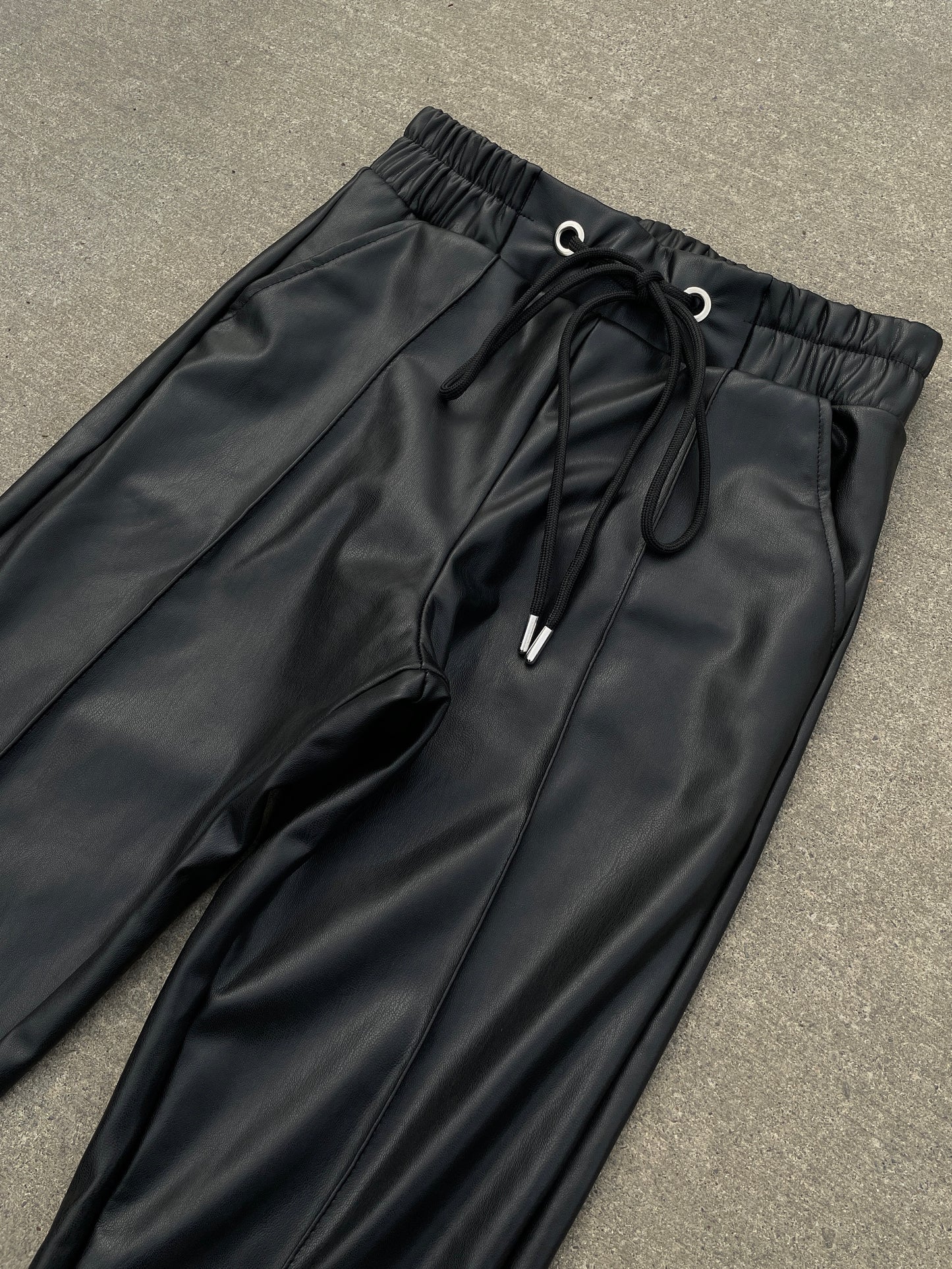 Black Leather Front Pinstriped Jogger