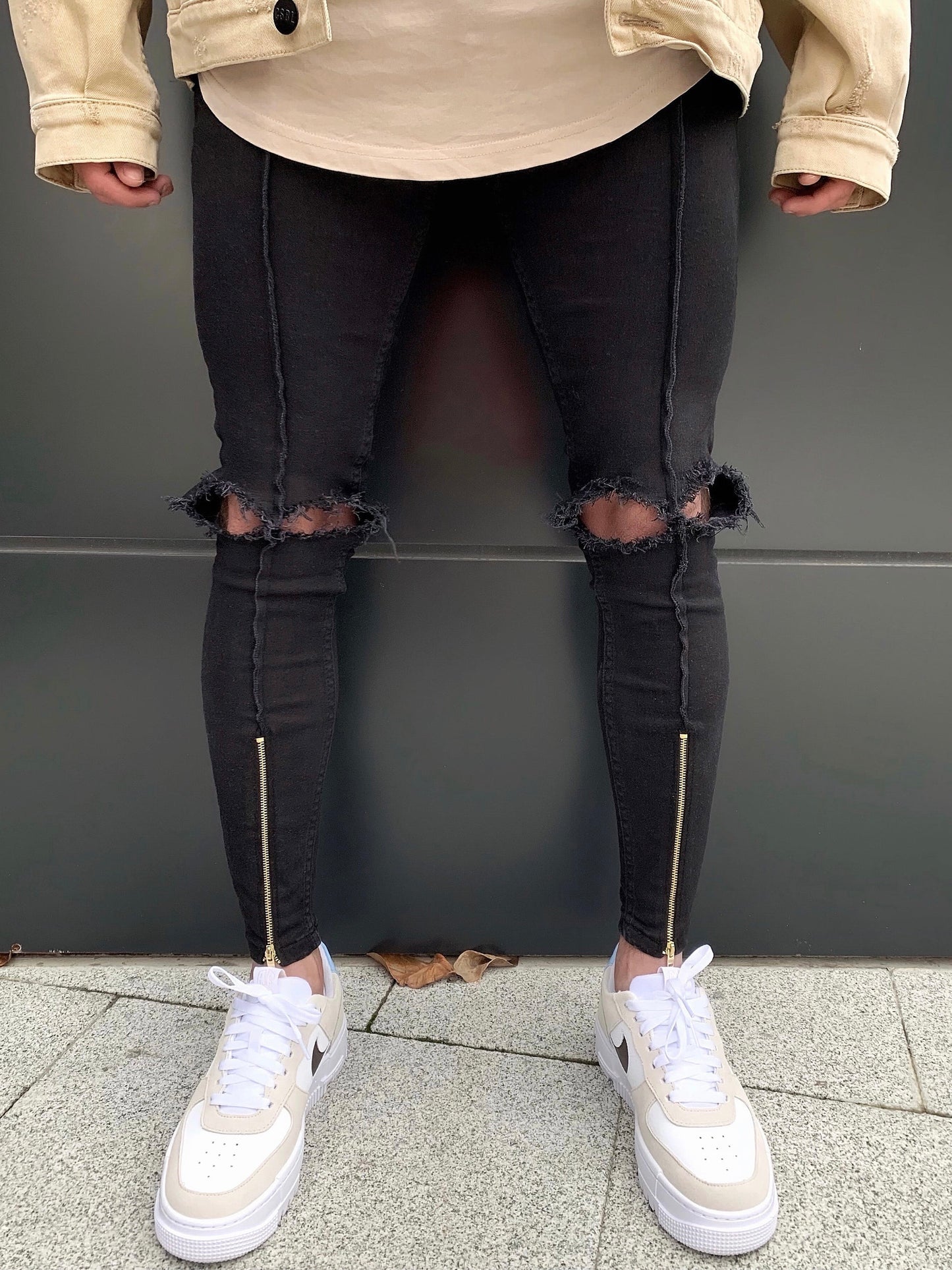 Black Distressed Gold Zip Jeans