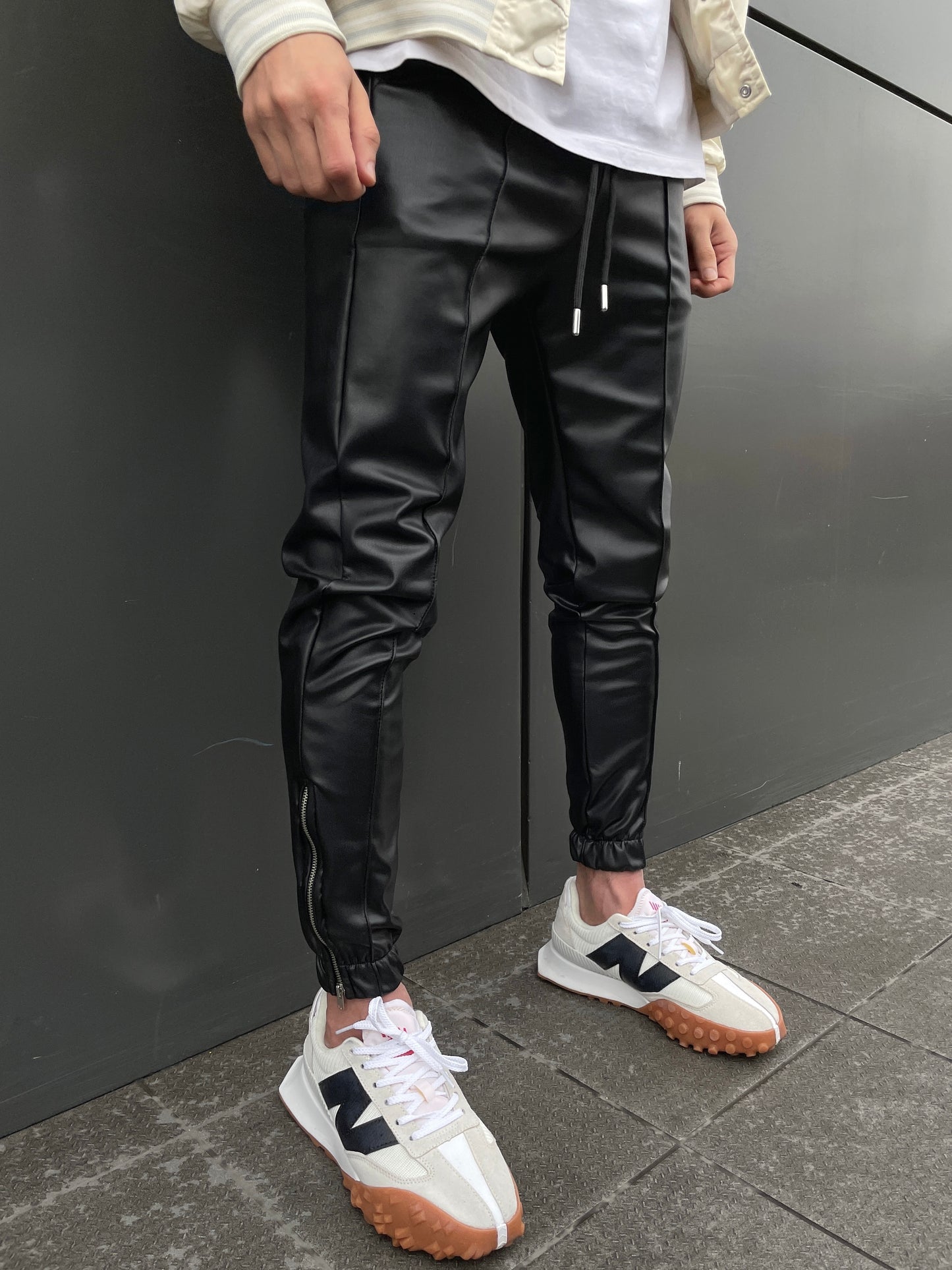 Black Leather Front Pinstriped Jogger