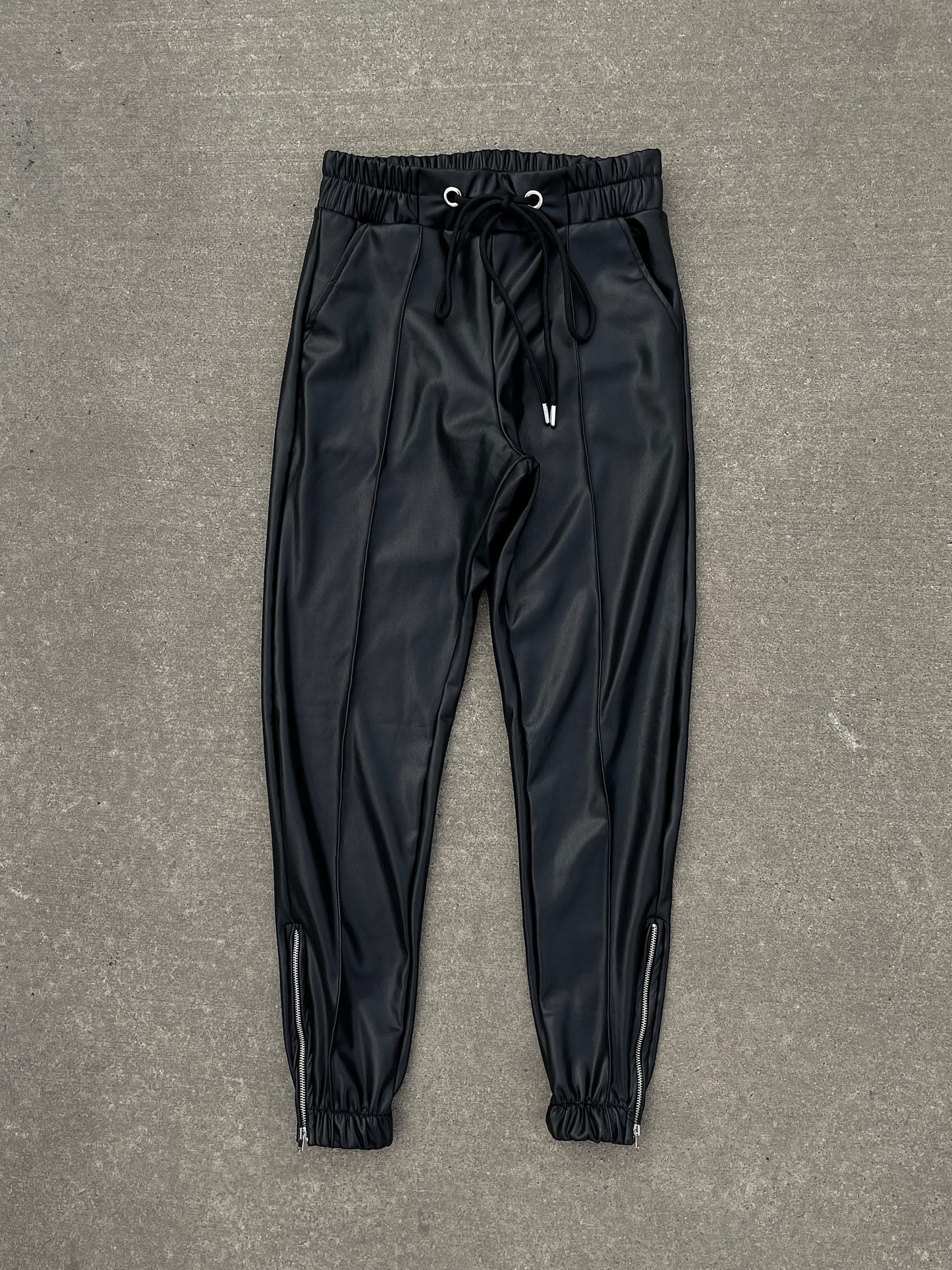 Black Leather Front Pinstriped Jogger